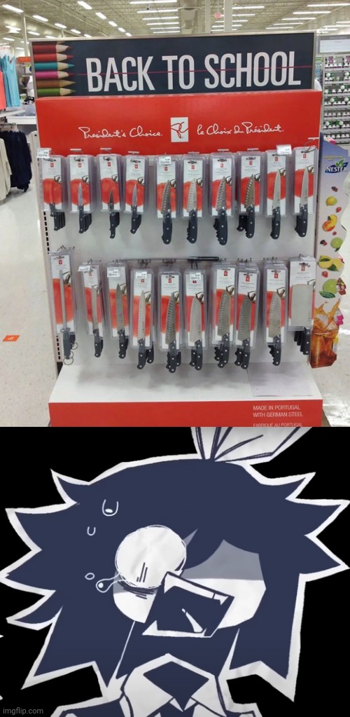 Who the hell puts knifes on "back to school" section?? | image tagged in abbie scared and shocked,fpe,school,knife,you had one job | made w/ Imgflip meme maker