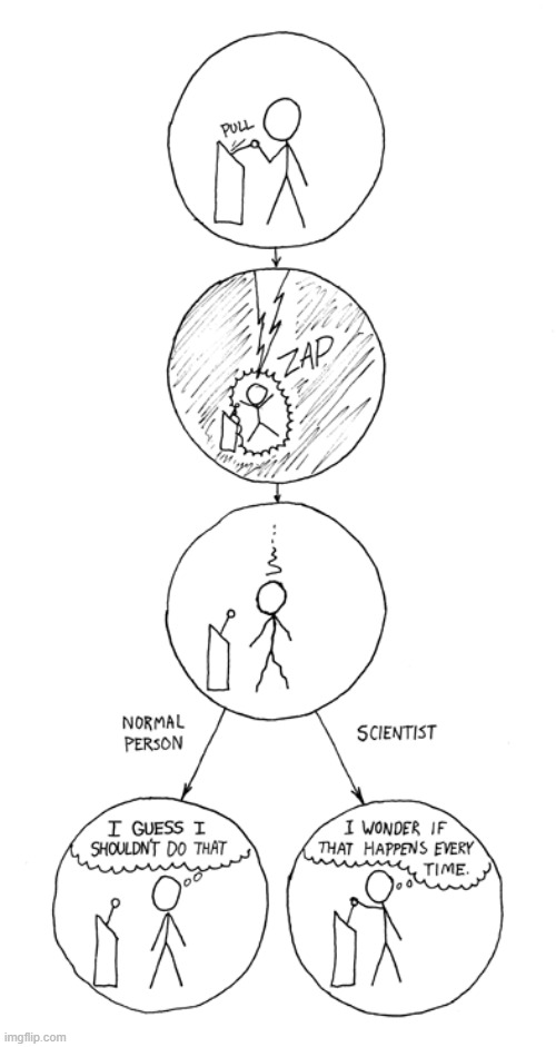 "How could you choose avoiding a little pain over understanding a magic lightning machine?" | image tagged in lever,pull,lightning,zap,normal person,scientist | made w/ Imgflip meme maker