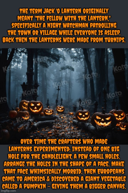 Turnips must be easier to carry. | The term Jack 'o lantern originally meant "the fellow with the lantern," specifically a night watchman patrolling the town or village while everyone is asleep. Back then the lanterns were made from turnips. Over time the crafters who made lanterns experimented: instead of one big hole for the candlelight, a few small holes. Arrange the holes in the shape of a face. Make
that face whimsically morbid. Then Europeans
came to America & discovered a giant vegetable
called a pumpkin - giving them a bigger canvas. | image tagged in forest of jack 'o lanternz 12,halloween,historical | made w/ Imgflip meme maker