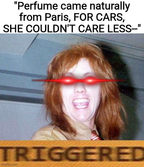 "Perfume came naturally from Paris, FOR CARS, SHE COULDN'T CARE LESS--" | image tagged in roger taylor,queen,cars,triggered | made w/ Imgflip meme maker