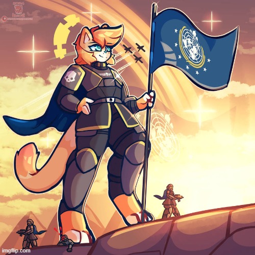 D E M O C R A C Y (Art credit: NagiFure on DA) | image tagged in furry,helldivers,d e m o c r a c y,nagifur,cartoon | made w/ Imgflip meme maker
