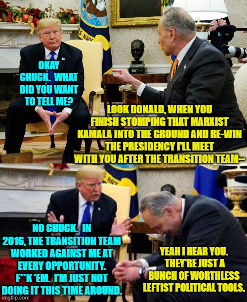 What really was said during the secretive Trump and Chuck Schumer meeting. | OKAY CHUCK.  WHAT DID YOU WANT TO TELL ME? LOOK DONALD, WHEN YOU FINISH STOMPING THAT MARXIST KAMALA INTO THE GROUND AND RE-WIN THE PRESIDENCY I'LL MEET WITH YOU AFTER THE TRANSITION TEAM--; NO CHUCK.  IN 2016, THE TRANSITION TEAM WORKED AGAINST ME AT EVERY OPPORTUNITY. F**K 'EM.  I'M JUST NOT DOING IT THIS TIME AROUND. YEAH I HEAR YOU.  THEY'RE JUST A BUNCH OF WORTHLESS LEFTIST POLITICAL TOOLS. | image tagged in yep | made w/ Imgflip meme maker