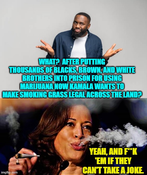 ANYTHING to get elected, right? | WHAT?  AFTER PUTTING THOUSANDS OF BLACKS, BROWN, AND WHITE BROTHERS INTO PRISON FOR USING MARIJUANA NOW KAMALA WANTS TO MAKE SMOKING GRASS LEGAL ACROSS THE LAND? YEAH, AND F**K 'EM IF THEY CAN'T TAKE A JOKE. | image tagged in yep | made w/ Imgflip meme maker