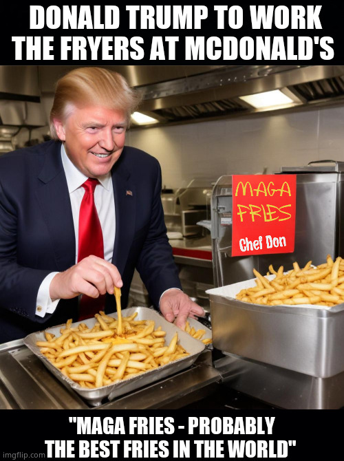 It might only be for 10 minutes - but its 10 minutes more than Kamala ever did. | DONALD TRUMP TO WORK THE FRYERS AT MCDONALD'S; "MAGA FRIES - PROBABLY THE BEST FRIES IN THE WORLD" | image tagged in memes,donald trump,mcdonald's,french fries,ai generated,political meme | made w/ Imgflip meme maker