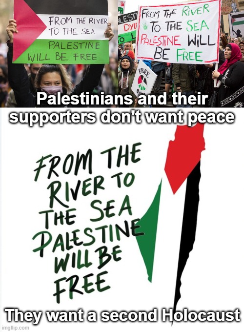 Palestinians don't want peace - they want a second holocaust | Palestinians and their supporters don't want peace; They want a second Holocaust | image tagged in from the river to the sea palestinian hamas hezbollah terrorist | made w/ Imgflip meme maker