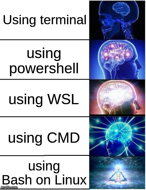 Expanding Brain 5 Panel | Using terminal using powershell using WSL using CMD using Bash on Linux | image tagged in expanding brain 5 panel | made w/ Imgflip meme maker