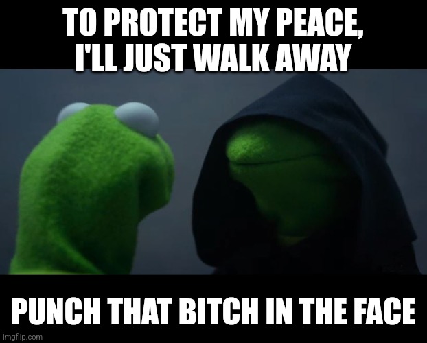 Evil Kermit Meme | TO PROTECT MY PEACE, I'LL JUST WALK AWAY; PUNCH THAT BITCH IN THE FACE | image tagged in evil kermit meme | made w/ Imgflip meme maker