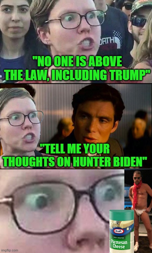 No one is above the the law TRUMP DERANGEMENT EDITION | "NO ONE IS ABOVE THE LAW, INCLUDING TRUMP"; "TELL ME YOUR THOUGHTS ON HUNTER BIDEN" | image tagged in inception liberal,hunter biden,crackhead,parmesean | made w/ Imgflip meme maker