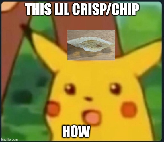 Look at this meme | THIS LIL CRISP/CHIP; HOW | image tagged in surprised pikachu | made w/ Imgflip meme maker