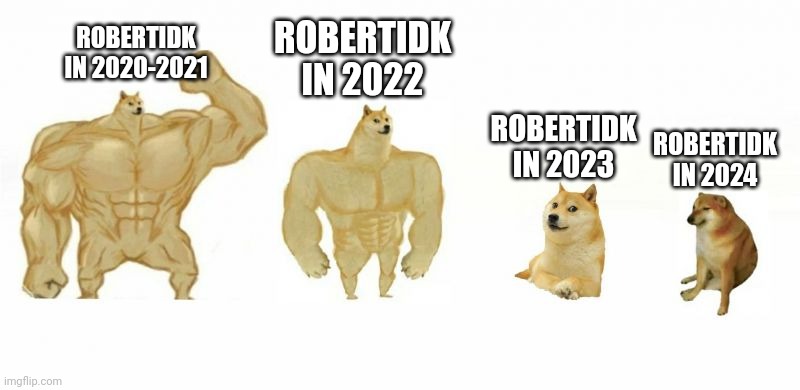 Ultra Buff Doge vs Buff Doge vs Doge vs Cheems | ROBERTIDK IN 2020-2021; ROBERTIDK IN 2022; ROBERTIDK IN 2023; ROBERTIDK IN 2024 | image tagged in ultra buff doge vs buff doge vs doge vs cheems | made w/ Imgflip meme maker