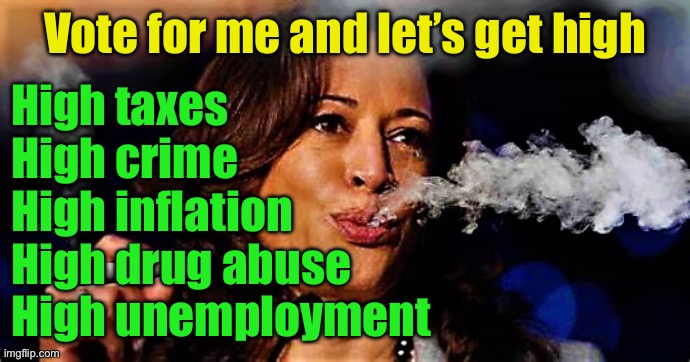 Not the high liberals expect | Vote for me and let’s get high; High taxes
High crime
High inflation 
High drug abuse
High unemployment | image tagged in kamala smokes pot | made w/ Imgflip meme maker