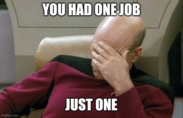 YOU HAD ONE JOB JUST ONE | image tagged in memes,captain picard facepalm | made w/ Imgflip meme maker