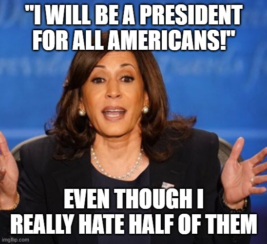 Kamala Harris | "I WILL BE A PRESIDENT FOR ALL AMERICANS!"; EVEN THOUGH I REALLY HATE HALF OF THEM | image tagged in kamala harris | made w/ Imgflip meme maker