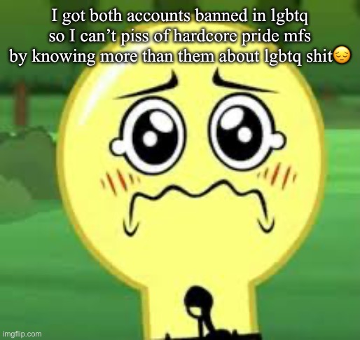 Goober Lightbulb | I got both accounts banned in lgbtq so I can’t piss of hardcore pride mfs by knowing more than them about lgbtq shit😔 | image tagged in goober lightbulb | made w/ Imgflip meme maker