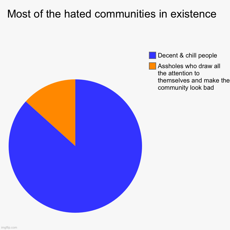 Vegans, TADC fans, even furries, you name it. | Most of the hated communities in existence  | Assholes who draw all the attention to themselves and make the community look bad, Decent & ch | image tagged in charts,pie charts | made w/ Imgflip chart maker