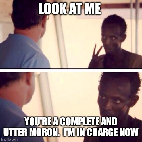 In Charge | LOOK AT ME; YOU'RE A COMPLETE AND UTTER MORON.  I'M IN CHARGE NOW | image tagged in memes,captain phillips - i'm the captain now | made w/ Imgflip meme maker