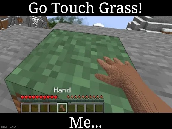 Grass | Go Touch Grass! Me... | image tagged in hand touching minecraft grass block | made w/ Imgflip meme maker