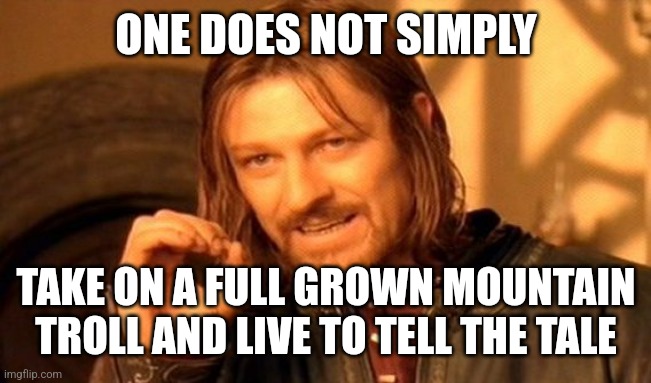 One does not simply quote McGonagall | ONE DOES NOT SIMPLY; TAKE ON A FULL GROWN MOUNTAIN TROLL AND LIVE TO TELL THE TALE | image tagged in memes,one does not simply,harry potter,troll,mountain,mountain troll | made w/ Imgflip meme maker