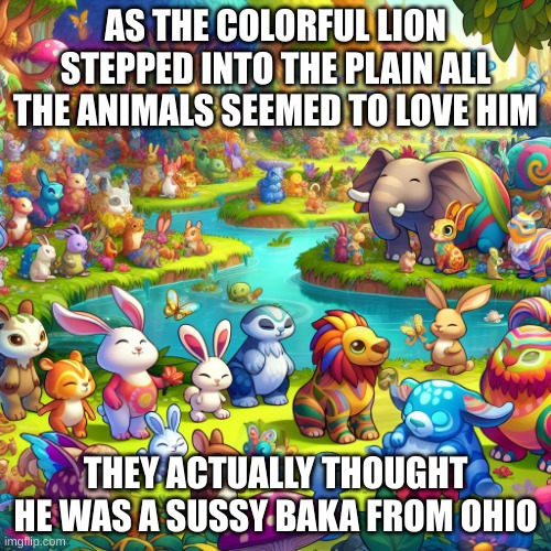 but why you lion why | AS THE COLORFUL LION STEPPED INTO THE PLAIN ALL THE ANIMALS SEEMED TO LOVE HIM; THEY ACTUALLY THOUGHT HE WAS A SUSSY BAKA FROM OHIO | image tagged in creatures | made w/ Imgflip meme maker