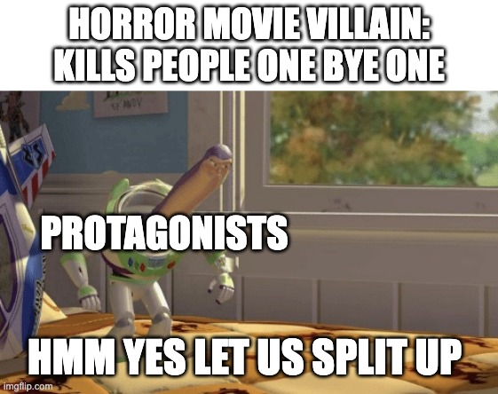 what could POSSIBLY go wrong? | HORROR MOVIE VILLAIN: KILLS PEOPLE ONE BYE ONE; PROTAGONISTS; HMM YES LET US SPLIT UP | image tagged in hmm yes,memes,horror,horror movies,movies,what could go wrong | made w/ Imgflip meme maker