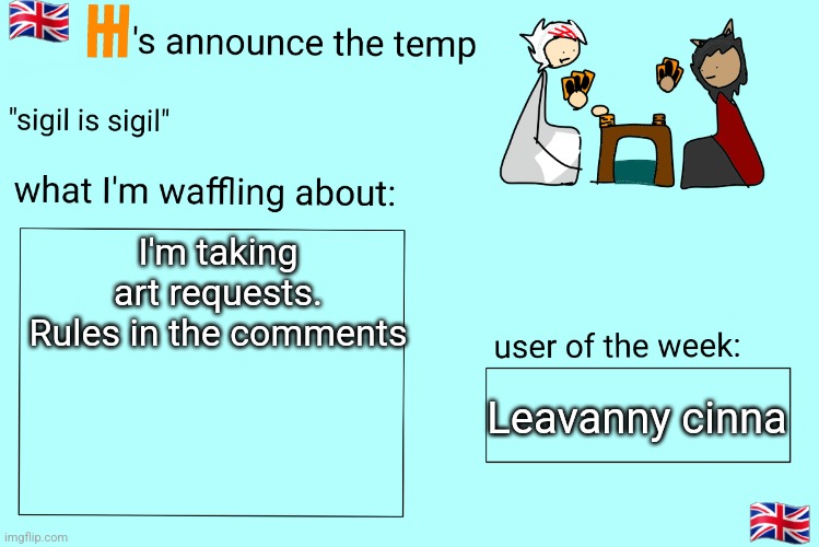 Xet/Flint announcement temp | I'm taking art requests. Rules in the comments; Leavanny cinna | image tagged in xet/flint announcement temp | made w/ Imgflip meme maker
