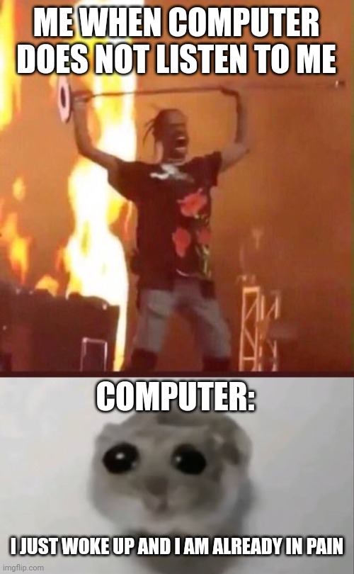 ME WHEN COMPUTER DOES NOT LISTEN TO ME; COMPUTER:; I JUST WOKE UP AND I AM ALREADY IN PAIN | image tagged in travis scott,sad hamster,computer | made w/ Imgflip meme maker