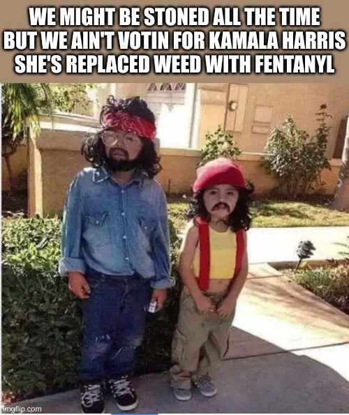 People know what she's let into the country | WE MIGHT BE STONED ALL THE TIME BUT WE AIN'T VOTIN FOR KAMALA HARRIS
SHE'S REPLACED WEED WITH FENTANYL | made w/ Imgflip meme maker