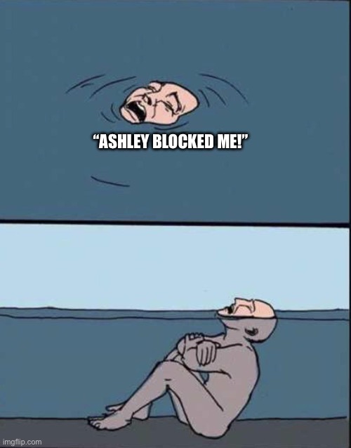 fake drowning | “ASHLEY BLOCKED ME!” | image tagged in fake drowning | made w/ Imgflip meme maker
