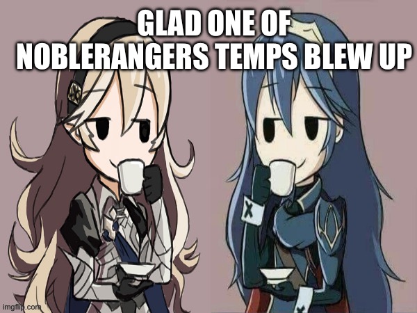 Lucina and Corrin sipping tea | GLAD ONE OF NOBLERANGERS TEMPS BLEW UP | image tagged in lucina and corrin sipping tea | made w/ Imgflip meme maker