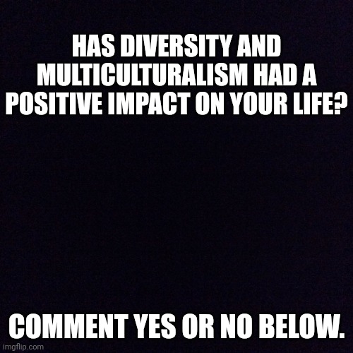 Serious question. | HAS DIVERSITY AND MULTICULTURALISM HAD A POSITIVE IMPACT ON YOUR LIFE? COMMENT YES OR NO BELOW. | image tagged in black screen | made w/ Imgflip meme maker