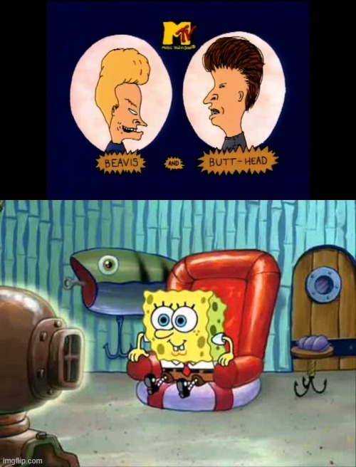 Spongebob Watching Beavis And Butthead | image tagged in spongebob hype tv,spongebob,spongebob squarepants,beavis and butthead,beavis,butthead | made w/ Imgflip meme maker