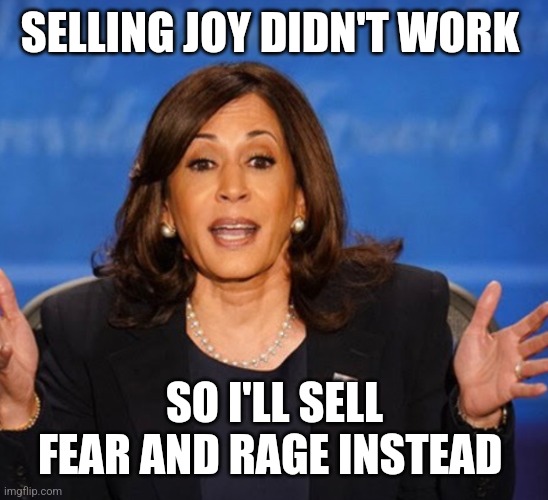 "Trump is unhinged and dangerous"! | SELLING JOY DIDN'T WORK; SO I'LL SELL FEAR AND RAGE INSTEAD | image tagged in kamala harris | made w/ Imgflip meme maker