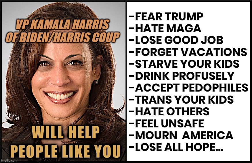 KAMALA'S HELLp | -FEAR TRUMP
-HATE MAGA
-LOSE GOOD JOB
-FORGET VACATIONS
-STARVE YOUR KIDS
-DRINK PROFUSELY
-ACCEPT PEDOPHILES
-TRANS YOUR KIDS
-HATE OTHERS
-FEEL UNSAFE
-MOURN  AMERICA
-LOSE ALL HOPE... VP KAMALA HARRIS
OF BIDEN/HARRIS COUP | image tagged in kamala harris,biden,coup,liar,disloyal,puppet | made w/ Imgflip meme maker