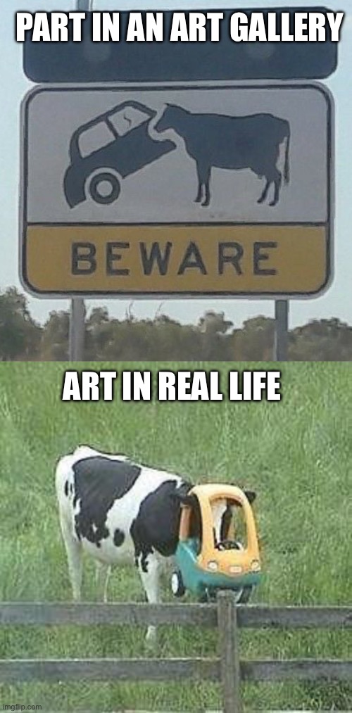 Art | PART IN AN ART GALLERY; ART IN REAL LIFE | image tagged in art,gallery,artist,cow | made w/ Imgflip meme maker