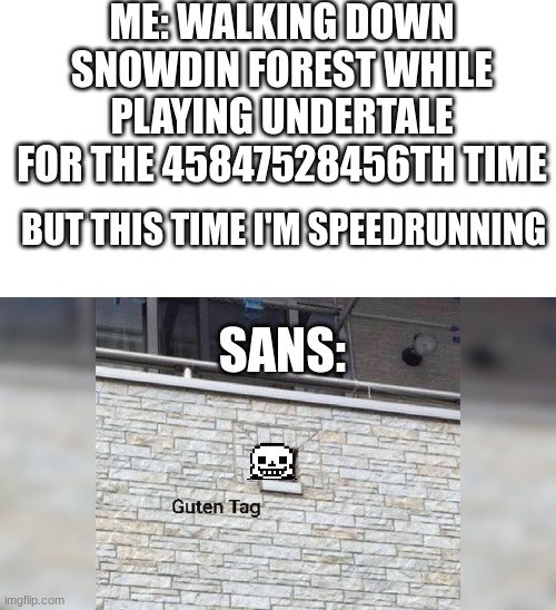 Guten Tag | ME: WALKING DOWN SNOWDIN FOREST WHILE PLAYING UNDERTALE FOR THE 45847528456TH TIME; BUT THIS TIME I'M SPEEDRUNNING; SANS: | image tagged in guten tag | made w/ Imgflip meme maker