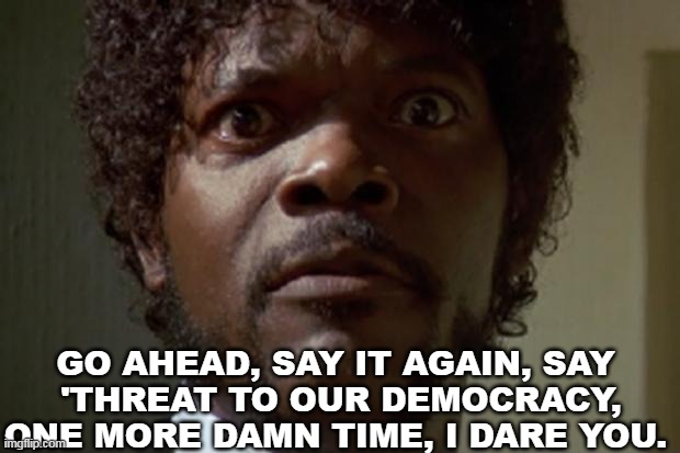 Samuel L jackson | GO AHEAD, SAY IT AGAIN, SAY
 'THREAT TO OUR DEMOCRACY, ONE MORE DAMN TIME, I DARE YOU. | image tagged in samuel l jackson | made w/ Imgflip meme maker