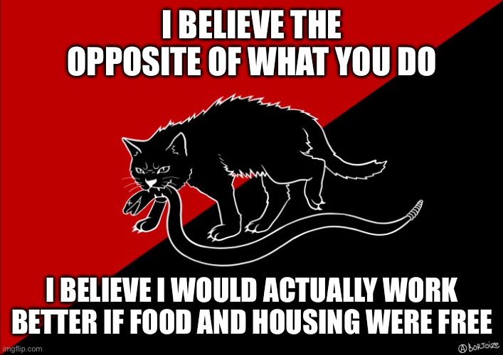 I would | I BELIEVE THE OPPOSITE OF WHAT YOU DO; I BELIEVE I WOULD ACTUALLY WORK BETTER IF FOOD AND HOUSING WERE FREE | image tagged in sabo cat with snake,communism,anarchism | made w/ Imgflip meme maker