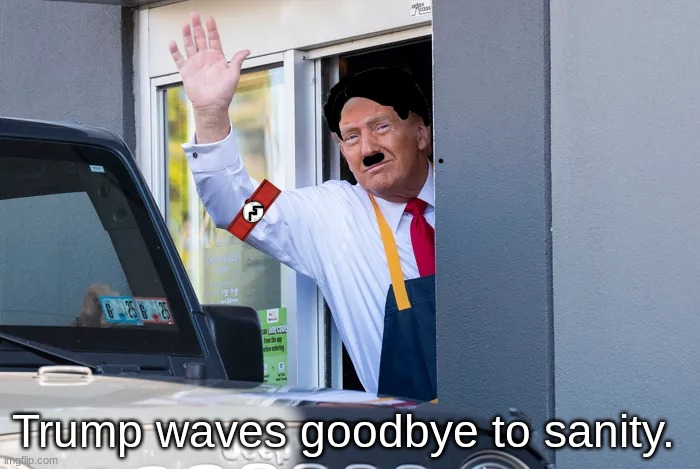 Working at MAGAdonalds... | Trump waves goodbye to sanity. | image tagged in donald trump,hitler,nazi | made w/ Imgflip meme maker