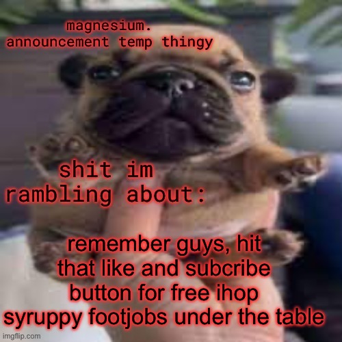 pug temp | remember guys, hit that like and subcribe button for free ihop syruppy footjobs under the table | image tagged in pug temp | made w/ Imgflip meme maker