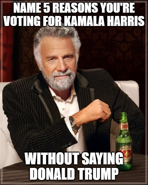 About 90% of Kamala Harris voters are voting for her because they were told to hate Donald Trump for some reason. | NAME 5 REASONS YOU'RE VOTING FOR KAMALA HARRIS; WITHOUT SAYING DONALD TRUMP | image tagged in memes,the most interesting man in the world | made w/ Imgflip meme maker