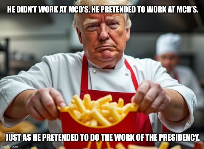 Only idiots are buying what he’s selling | HE DIDN’T WORK AT MCD’S. HE PRETENDED TO WORK AT MCD’S. JUST AS HE PRETENDED TO DO THE WORK OF THE PRESIDENCY. | image tagged in mctraitor | made w/ Imgflip meme maker