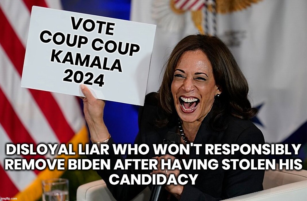 COUP COUP SIGNS | VOTE
COUP COUP
KAMALA
2024; DISLOYAL LIAR WHO WON'T RESPONSIBLY
REMOVE BIDEN AFTER HAVING STOLEN HIS
CANDIDACY | image tagged in kamala harris,biden,coup,liar,disloyal,democratic party | made w/ Imgflip meme maker