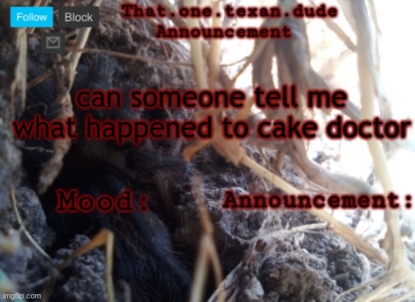 THE that.one.texan.dude announcement template | can someone tell me what happened to cake doctor | image tagged in the that one texan dude announcement template | made w/ Imgflip meme maker