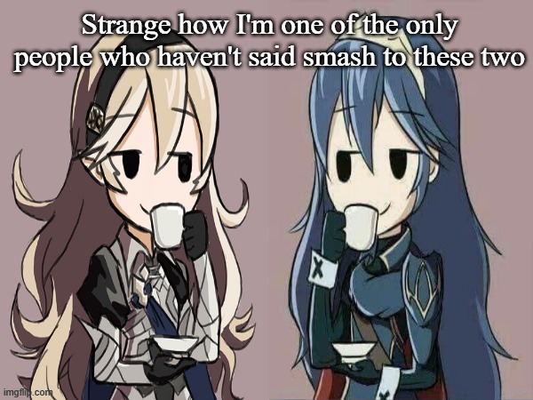 Lucina and Corrin sipping tea | Strange how I'm one of the only people who haven't said smash to these two | image tagged in lucina and corrin sipping tea | made w/ Imgflip meme maker