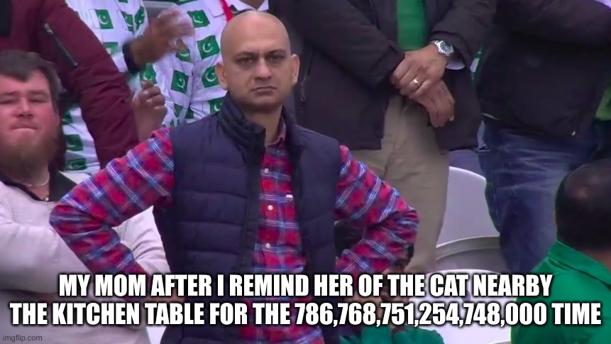 Disappointed Muhammad Sarim Akhtar | MY MOM AFTER I REMIND HER OF THE CAT NEARBY THE KITCHEN TABLE FOR THE 786,768,751,254,748,000 TIME | image tagged in disappointed muhammad sarim akhtar | made w/ Imgflip meme maker