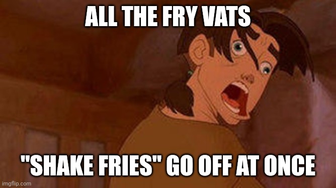 McDs | ALL THE FRY VATS; "SHAKE FRIES" GO OFF AT ONCE | image tagged in treasure planet jimmy james derp face funny didney worl | made w/ Imgflip meme maker