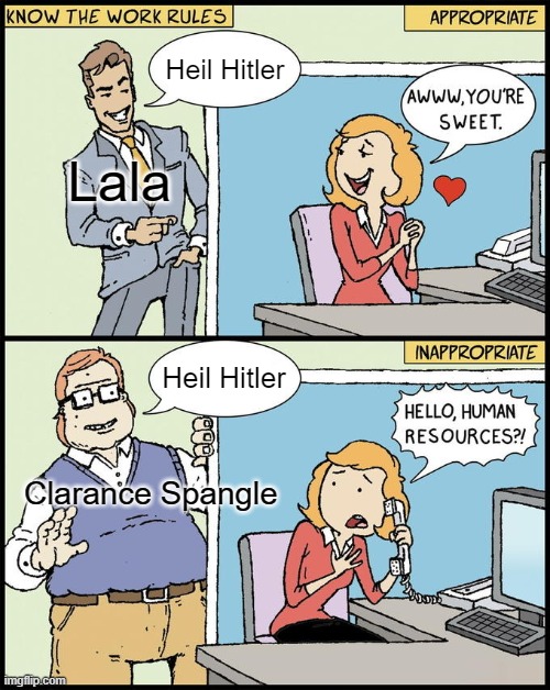 hello human resources | Heil Hitler; Lala; Heil Hitler; Clarance Spangle | image tagged in hello human resources | made w/ Imgflip meme maker