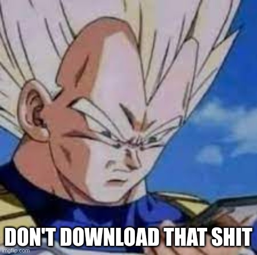 Vegeta looking at phones | DON'T DOWNLOAD THAT SHIT | image tagged in vegeta looking at phones | made w/ Imgflip meme maker