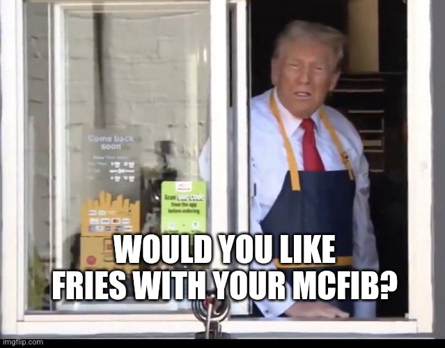 Trump working at McDonalds | WOULD YOU LIKE FRIES WITH YOUR MCFIB? | image tagged in trump working at mcdonalds | made w/ Imgflip meme maker