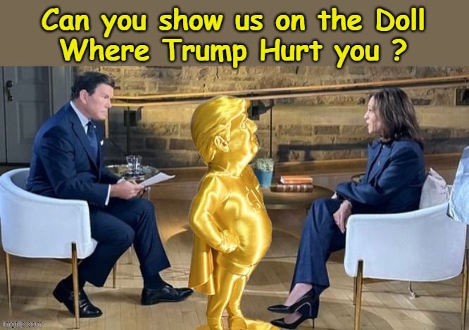 Show us on the Doll | Can you show us on the Doll
Where Trump Hurt you ? | image tagged in bret baier,kamala harris,donald trump | made w/ Imgflip meme maker